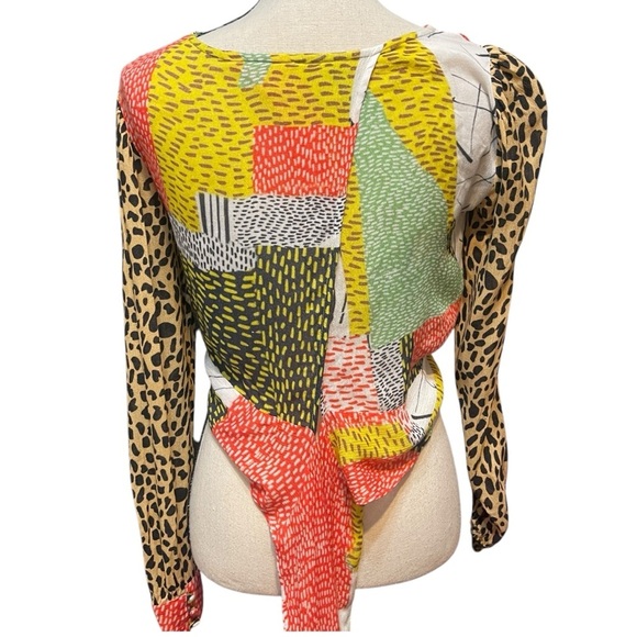 Anthropologie Bl-nk Colorful Abstract Patchwork Long Sleeve Tie Waist Blouse - Picture 8 of 13
